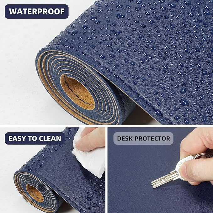 AFIING Leather Desk pad Protector, Large Non-Slip Office Desk Mat with Natural Cork & PU Leather, Waterproof Writing Mouse Pad for Office and Home (55in*17in,Blue)