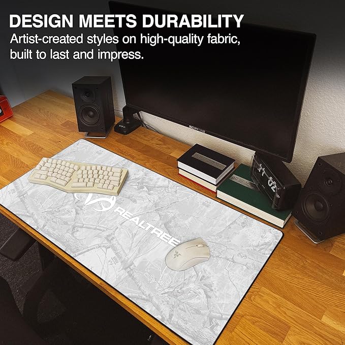 MPCO. Real Tree Large Gaming Desk Pad - 36" x 17" Aeroglyde Fabric Edge Snow White – with Logo Desk Mats - Non-Slip, Washable, Smooth Glide for Precision Gaming & Work