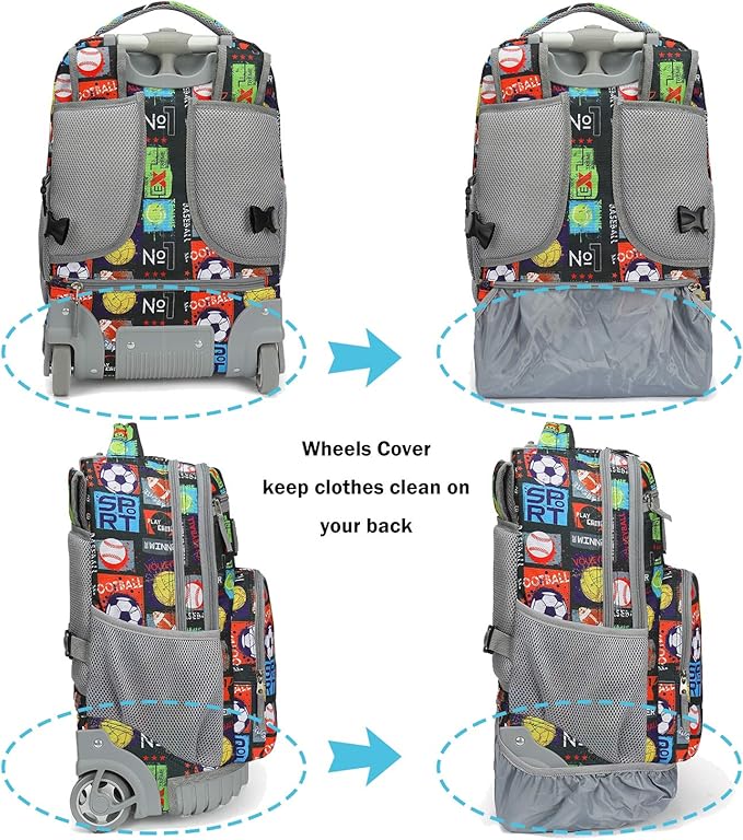 Tilami Rolling Backpack 19 inch with Lunch Bag Wheeled Laptop Backpack, Sport Balls