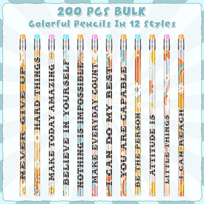 Ragnhild 200 Pcs Retro Motivational Pencils, Inspirational School Pencils for Classroom, Cute Wood Graphite Pencils with Encouraging Sayings, Back to School Supplies for Kids & Teachers