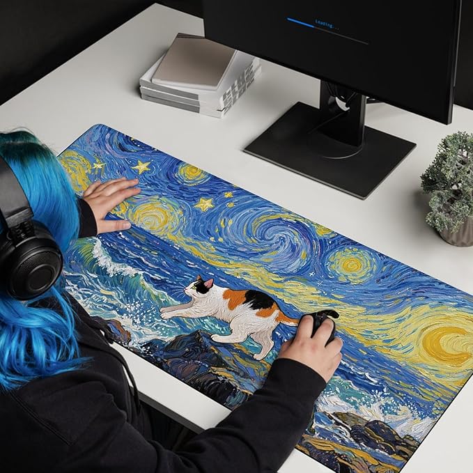 Cute Calico Cat Surfing Mouse Pad, Starry Night Style Mousepad - Large Non-Slip Desk Mat for Office, PC, Laptop - 35.5"x15.7" x 3mm
