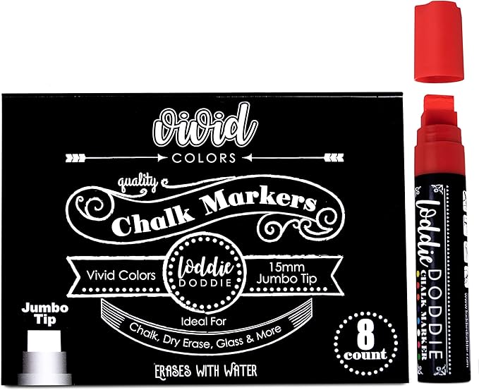 Loddie Doddie Jumbo Chalkboard Markers Pack - 8 Count Multicolor 15mm Chisel Tip - Erasable Neon Liquid Chalk Markers for Glass, Blackboard & Signs