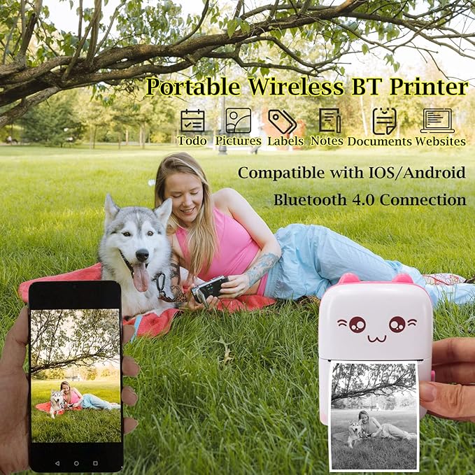 Mini Pocket Printer, Portable Thermal Printer with 8 Rolls Printing Paper, Bluetooth Wireless Tiny Printer for Photos/Stickers/Labels/Notes/Receipts, Compatible with iOS and Android, Pink