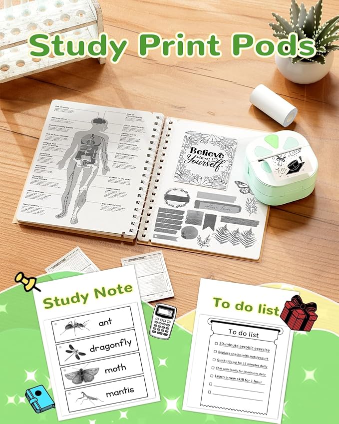 Sticker Printer, Print Pods Mini Printer, Bluetooth Thermal Sticker Maker Machine with 3 Rolls Paper, Print Pod Mini Printers for iPhone, Impresora Portátil for Study Note, Journal, DIY, Kids Gift