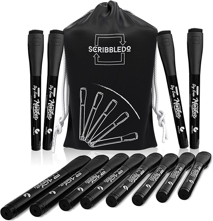 Scribbledo 12 Pack Magnetic Dry Erase Markers Black Fine Tip Whiteboard Markers with Eraser Cap Thin Low Odor Skinny White Board Markers for Adults Students Teachers Kids Art Home School & Office