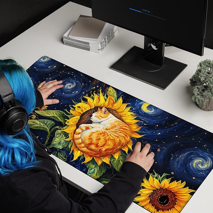 Sunflower Cat Gaming Mouse Pad, Starry Sky Cute Orange Cat Mousepad - Large Non-Slip Desk Mat for Office, PC, Laptop - 35.5"x15.7" x 3mm
