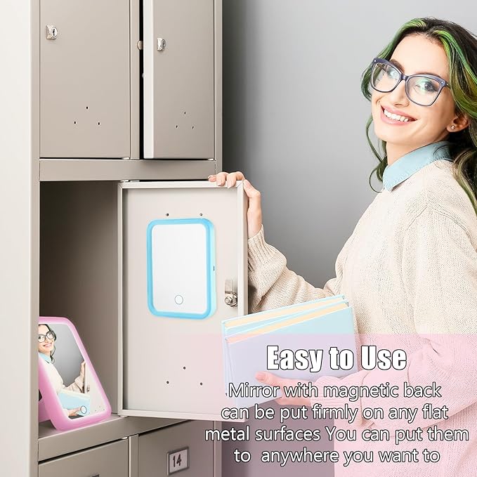 Sintuff 2 Pcs Light Up Locker Mirror Accessories Rectangular Magnetic Mirror for Locker, Bathroom, Household Refrigerator, Workshop Toolbox or Cabinet(Pink, Blue)