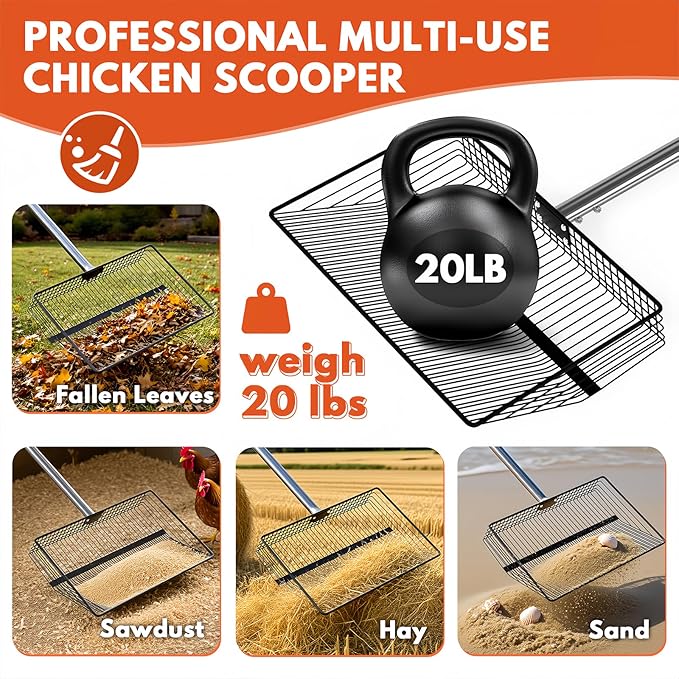 15inch Large Chicken Poop Scooper, 2 Slot Widths (0.16"&0.28"), 39" to 76" Adjustable Stainless Steel Handle, Sifting Litter Shovel for Chicken Coop/Stables/Farm Cleaning (with Effortless Grip)