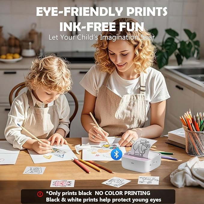 DPRT Mini Sticker Printer - S1 Portable Sticker Maker Machine with 1 Roll Sticker Paper, Bluetooth Print Pods Pocket Printer for Study Notes, Graphics, Students, Kids Gift, Free App, Pink