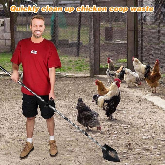 Rypet Chicken Poop Scooper & Rake 2-in-1 with Grip, 10 inches Metal Chicken Coop Scooper with Adjustable Stainless Steel Handle (36" to 74"), Sand Sifting Litter Shovel for Chicken Coops Farm Animal