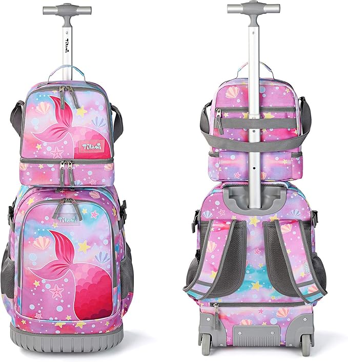 Tilami Rolling Backpack 19 inch with Lunch Bag Wheeled Laptop Backpack (Tail Pink)