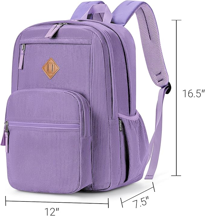 ZORFIN 26L Backpack for School, College, and Travel: Corduroy Bookbag with 8 Compartments - Deep Purple