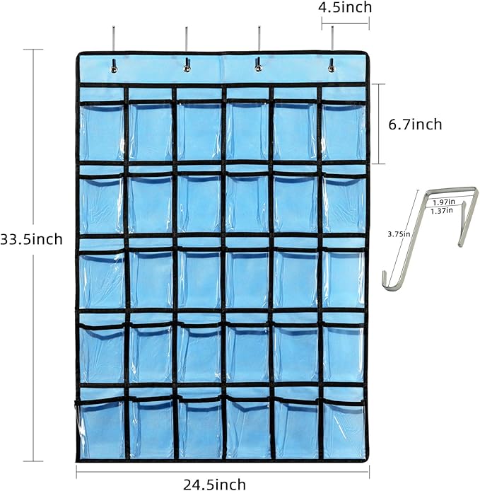 KEEPJOY Classroom Pocket Chart for Cellphone Calculator Holder, 30 Clear Pocket Charts for Classroom 33.5 x 24.5 inch Hanging cell phone Organizer Storage (Blue-30 pockets)