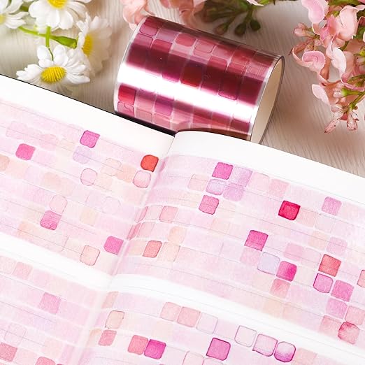 PET Tape for Journal Scrapbooking - Pink Mosaic Junk Journal PET Tape Scrapbook Supplies, Scrapbook Notebook Bottle Crafts Decor