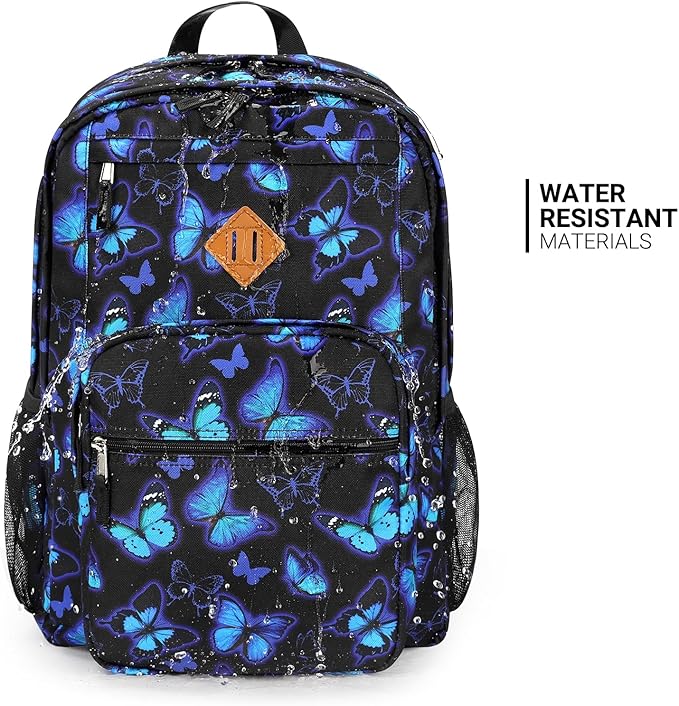 ZORFIN 26L Backpack for School, College, and Travel: Water Resistant Bookbag with 8 Compartments - Butterfly Black