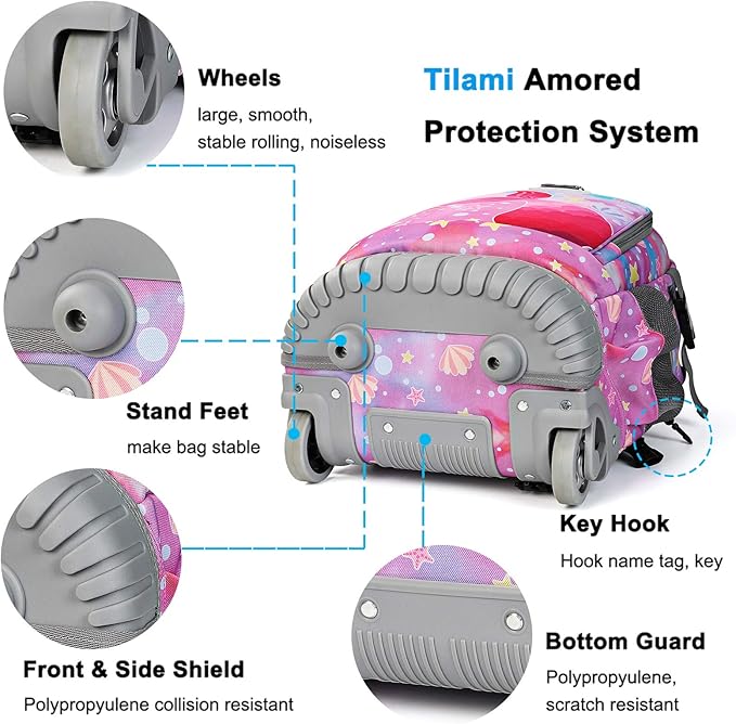 Tilami Rolling Backpack 19 inch with Lunch Bag Wheeled Laptop Backpack (Tail Pink)