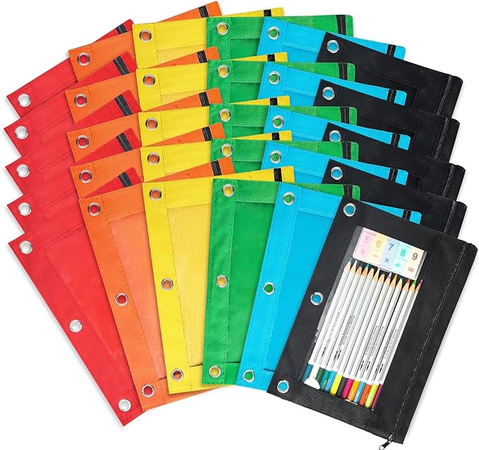 Shemira Pencil Pouch for 3 Ring Binder, 30 Pack Pencil Pouches Bulk in 6 Colors, Binder Pencil Pouch with Smooth Zipper, Zipper Pencil Pouches, 3 Ring Binder Pencil Pouches, Clear Window Pencil Case