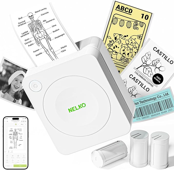 Nelko Sticker Printer, PM230 Print Pod Mini Bluetooth Portabel Sticker Maker with 3 Rolls Paper, Print Pods Mini Printer with Multiple Templates for Phone & Tablet,for School Office Home, White