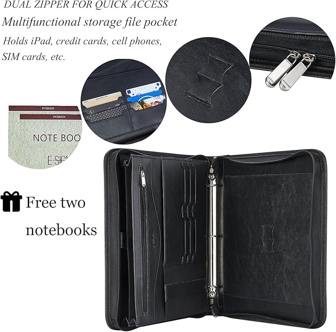 IVESIGN Zippered Padfolio Binder, Faux Leather Organizer with 3-Ring Binder, Left-Handed Design, Business Card Slots & Document Folders - Professional Padfolio for Office (Black)