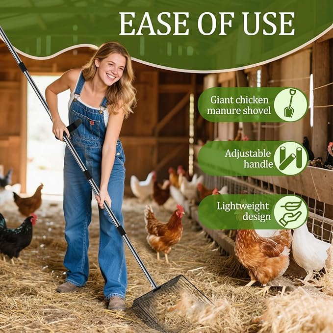 Chicken Coop Scoop, Chicken Scooper for Poop and Poop Rake, 15" Extra Large Poop Shovel with 24-68" Stainless Handle, Heavy Duty Chicken Coop Cleaning Tools for Sifting Litter in Coops