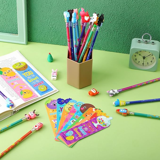 Teling 80 Pcs Scented Bookmarks and Smelly Pencils with Cute Toppers Set Fun Pencils Fruit Food Theme Scratch and Sniff Bookmarks Cartoon Pen Toppers for Kids Students Supplies(Adorable Style)