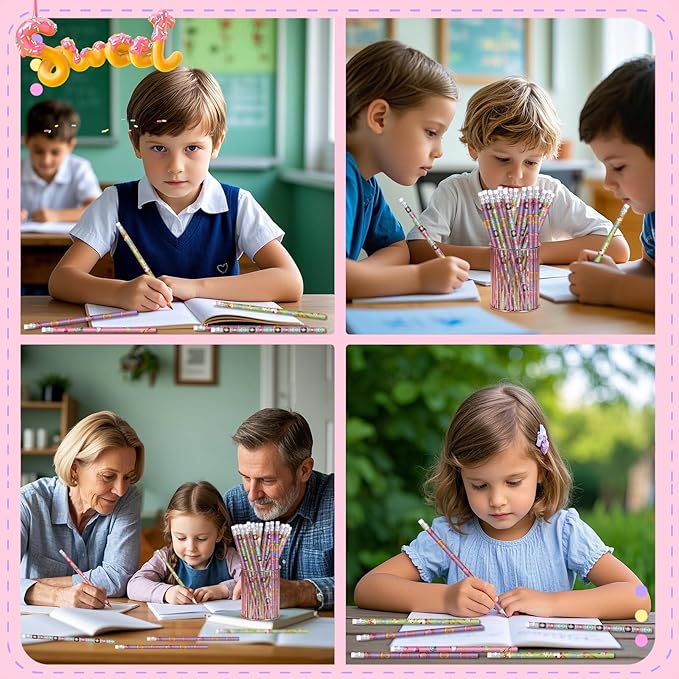 Donut Themed Pencils Valentines Days Pencils Wood Pencils with Various Donut Element Birthday Pencils Fun Assorted Colorful Pencils Fun School Pencils for Teacher Classroom (24)