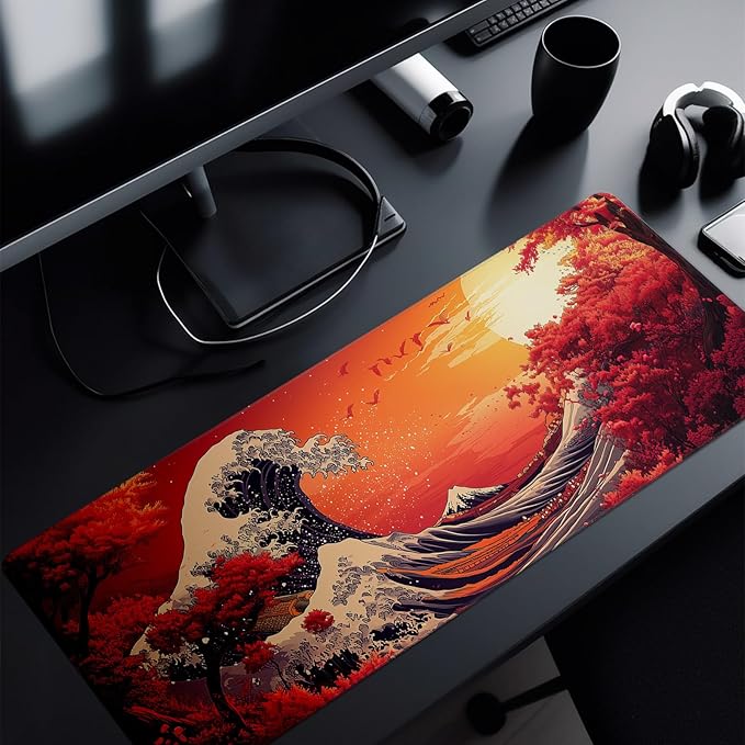 Red Japanese Sea Wave Mouse Pad Abstract Red Mouse Pad 31.5x11.8 Inch Texture Non-Slip Rubber Base Large Mousepad Stitched Edges Keyboard Mouse Mat Desk Pad for Office and Home