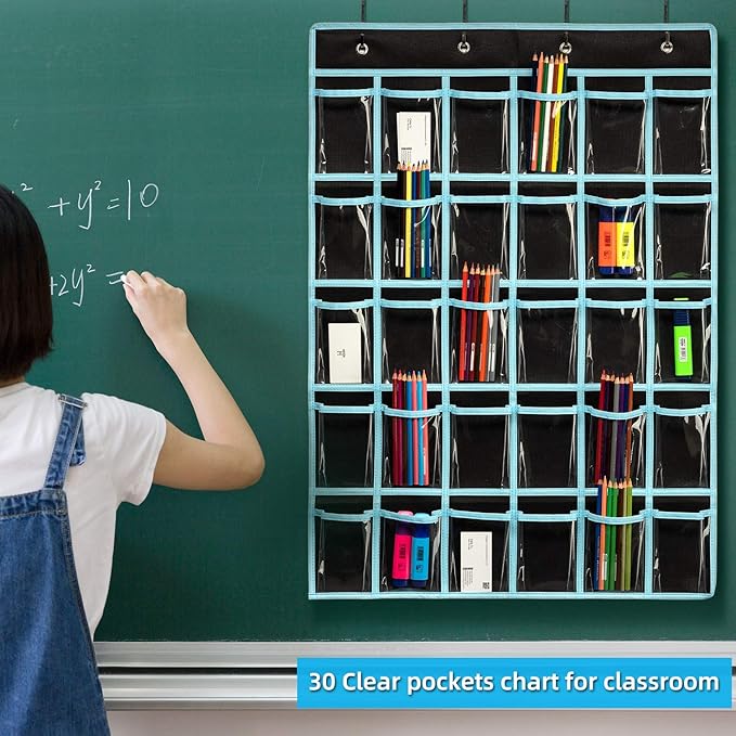 KEEPJOY Classroom Pocket Chart Organizer,Cell Phones Calculator Holder for Classroom Storage, Hanging Wall Door Calculator Phone Caddy for Classroom. (30 Pockets-Black)