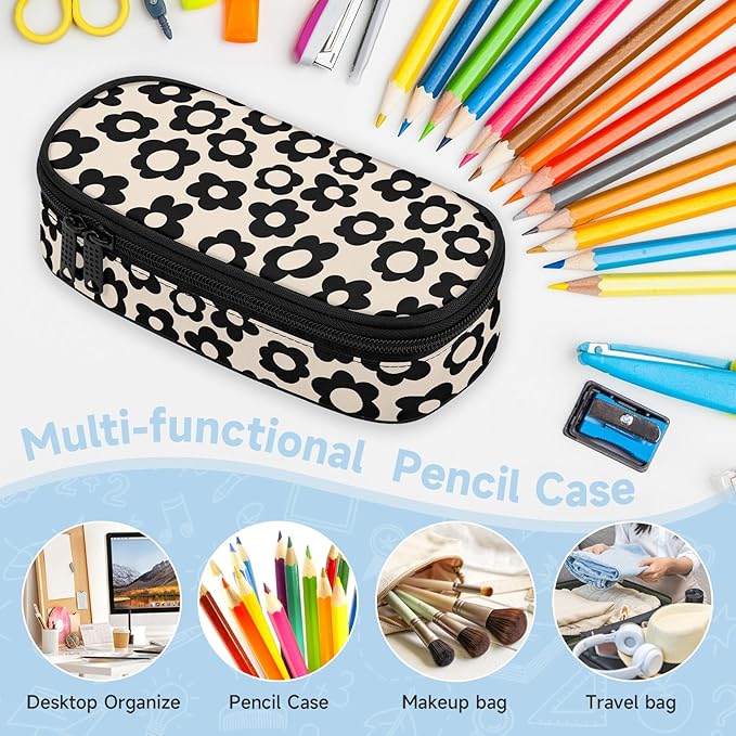 Beige with Black Flower Large Pencil Pouch Big Capacity Cute Pencil Case for Girls Boys Teen Women Men Adult,Portable Kids Pencil Bag with Zipper,Stationery Storage Pen Bag for School Office Organizer