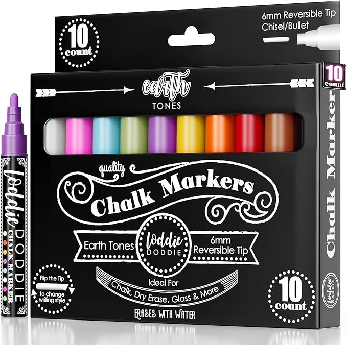 Loddie Doddie Chalk Markers for Blackboard & Windows - 10 Count Earth Tones 6mm Chisel & Bullet Tip - Smudge-Proof Erasable Liquid Chalk Pens with Reversible Tips
