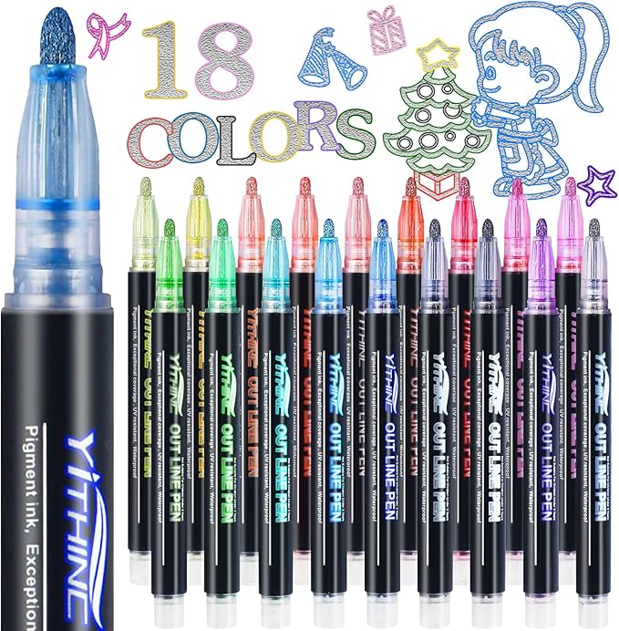Outline Shimmer Markers, 18 Glitter Metallic Gel Pens for Tween Teen Girl Gifts Trendy Stuff, Halloween, Birthday Party, Cool Fun Art Crafts Supplies, Stocking Stuffers for Kids Girls Ages 8 10 12 14