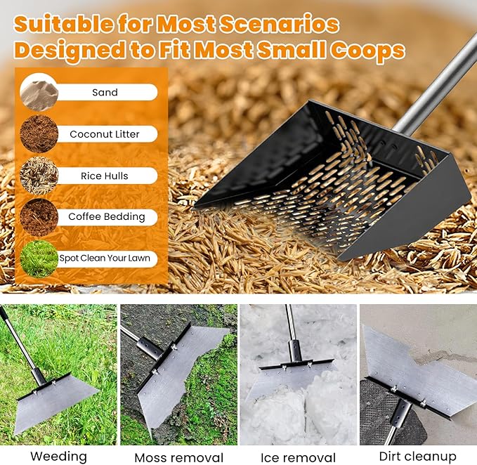 Chicken Poop Scooper for Sand with 22–62'' Adjustable Handle, Metal Chicken Coop Scoop with Rake-Style Teeth and Bonus Garden Flat Shovel for Coop Cleaning, Ice & Debris Removal