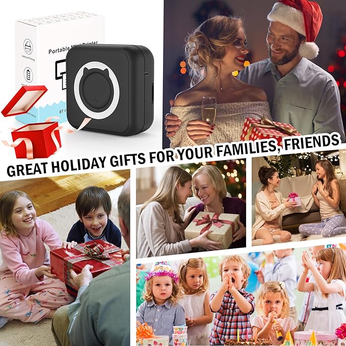 Mini Photo Printer - Portable Pocket Sticker Printers for iPhone Thermal Printer with 10 Rolls Thermal Paper for Photo, Memo, Journal - Black
