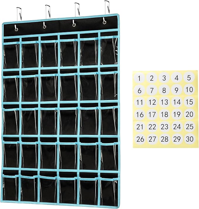 KEEPJOY Classroom Pocket Chart Organizer,Cell Phones Calculator Holder for Classroom Storage, Hanging Wall Door Calculator Phone Caddy for Classroom. (30 Pockets-Black)