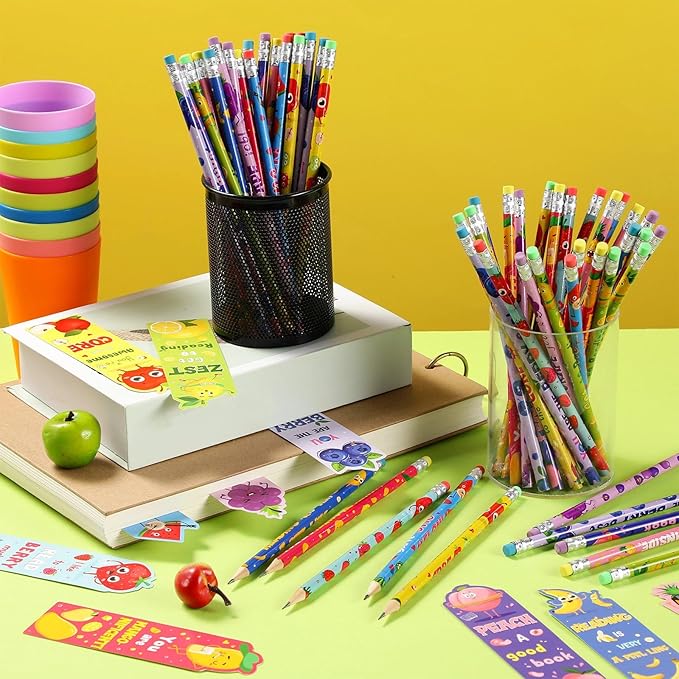 Ctosree 60 Sets Inspirational Pencils and Fruit Scented Bookmark Sets Positive Graphite Pencils Bulk Scratch and Sniff Book Marks Motivational Gifts for Kids Students Classroom Prizes Party Favors