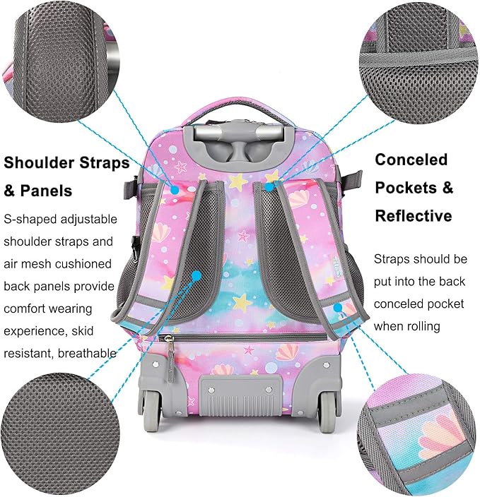Tilami Rolling Backpack 19 inch with Lunch Bag Wheeled Laptop Backpack (Tail Pink)