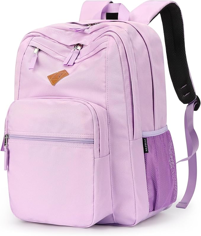 ZORFIN 26L Backpack for School, College, and Travel: Water Resistant Bookbag with 8 Compartments - Light Purple