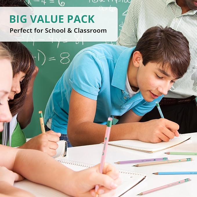 Taja 50 Pack #2 HB Wood-Cased Pencils, Pre-Sharpened with Top Erasers, Bulk Pastel Pencils for School & Classroom