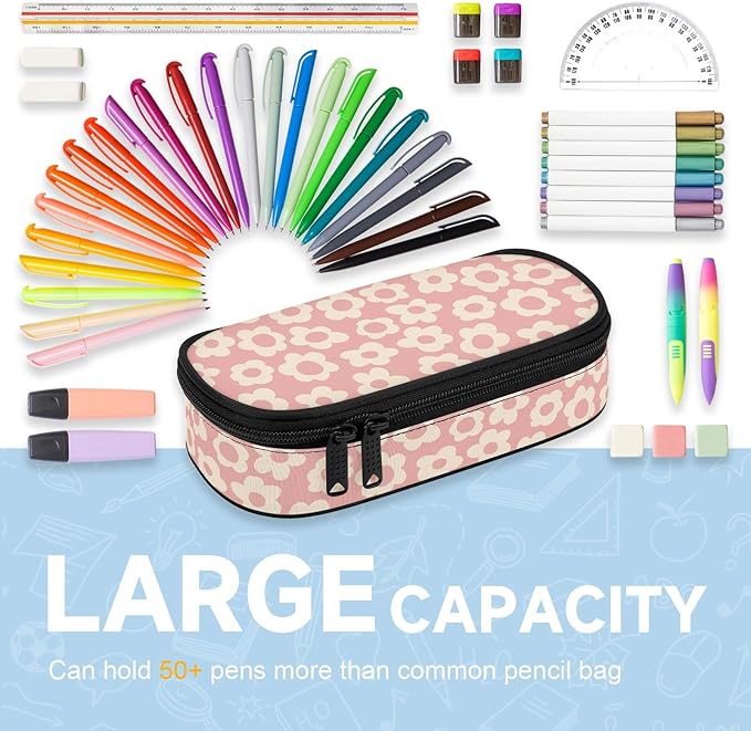 Pink Groovy Flowers Large Pencil Pouch Big Capacity Cute Pencil Case for Girls Boys Teen Women Men Adult, Portable Kids Pencil Bag with Zipper, Stationery Storage Pen Bag for School Office Organizer