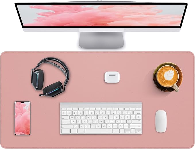 Desk Pad Mat 23.6"x13.7" - Waterproof Mouse Pad & Desk Protector, Non-Slip PU Leather for Gaming Keyboard/Mouse, Stitched Edge XL Office Desk Pad with Ergonomic Support(Pink)