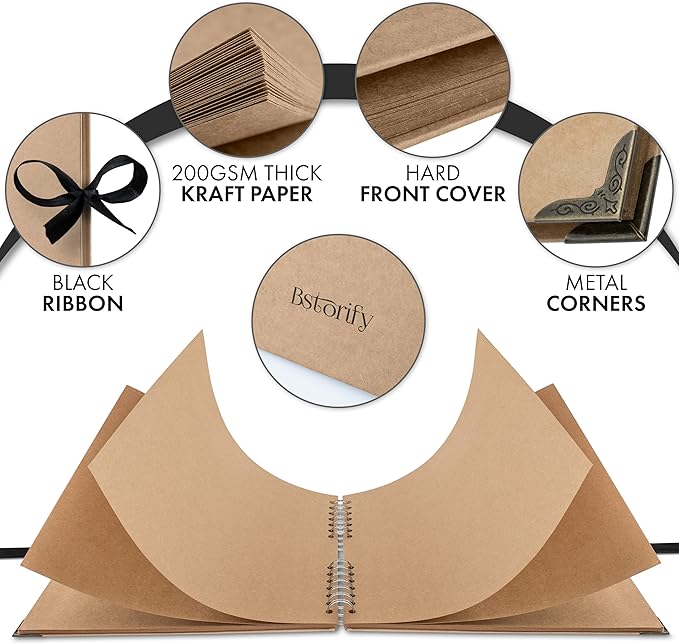 Bstorify 10 x 10 Inches Scrapbook Album For 4 x 6, 8 x 10 Pictures, 70 Pages Brown Thick 200gsm Kraft Paper Corner Protectors, Ribbon Closure - Ideal for Your Scrapbooking, Art & Craft Projects