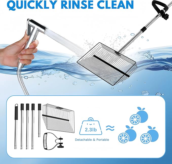 15inch Large Chicken Poop Scooper, 2 Slot Widths (0.16"&0.28"), 39" to 76" Adjustable Stainless Steel Handle, Sifting Litter Shovel for Chicken Coop/Stables/Farm Cleaning (with Effortless Grip)