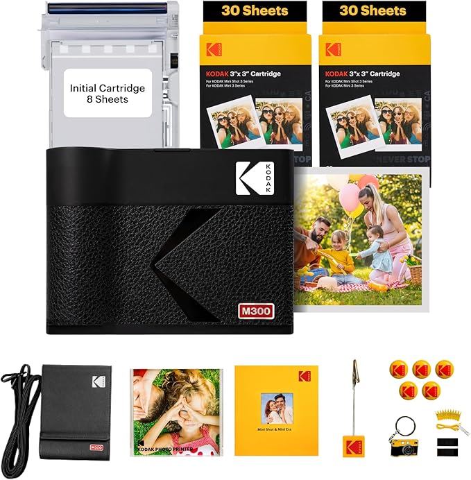 KODAK Mini 3 ERA 4PASS Portable Photo Printer (Black, Printer + Initial 8 Sheets + 60 Sheets + Accessories)