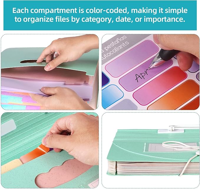 13 Pocket Accordion File Organizer,Wheat Straw Expanding File Folder with Index Tabs and Colorful Inner Design,A4/Letter Paper Document Storage Organizer for Home School Office Supplies