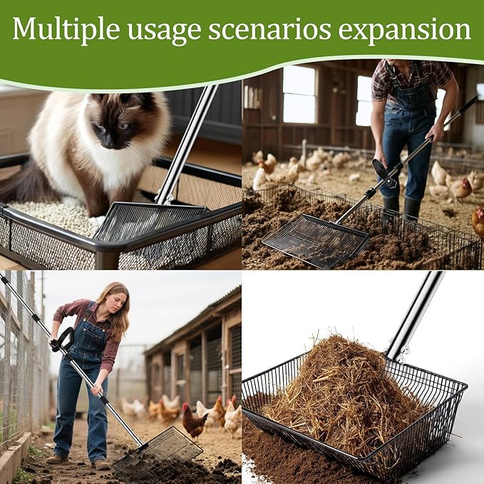 Chicken Coop Scoop, Chicken Scooper for Poop and Poop Rake, 15" Extra Large Poop Shovel with 24-68" Stainless Handle, Heavy Duty Chicken Coop Cleaning Tools for Sifting Litter in Coops