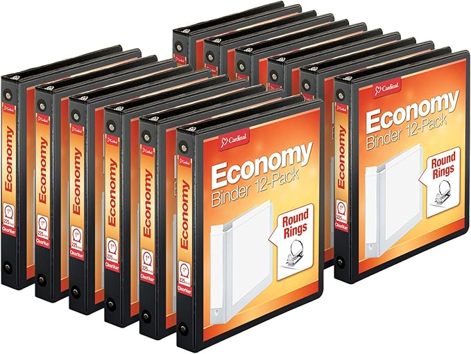 Cardinal Economy 3-Ring Binders, 4", Slant-D Rings, Holds 835 Sheets, Black, Case of 6 & Economy 3-Ring Binders, 1", Round Rings, Holds 225 Sheets, Black, Carton of 12