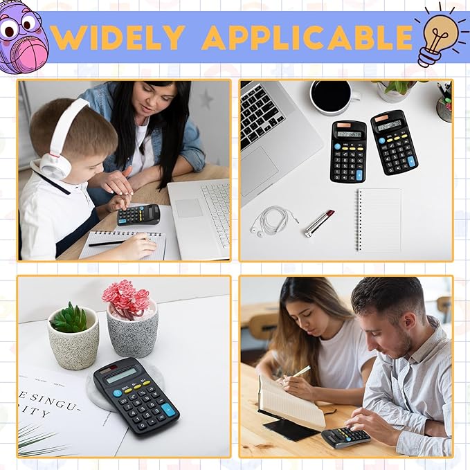 12 Packs Pocket Size Mini Black Calculator Basic Calculators for Handheld Angled Students 8 Digit Display Solar Battery Dual Power Small Calculator for Students Kids Home Office