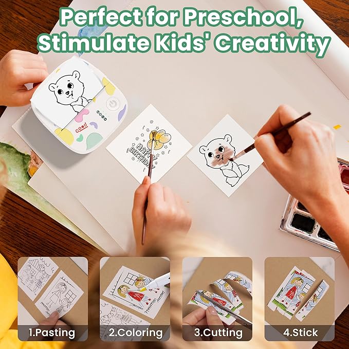 Mini Portable Sticker Printer, Mini Thermal Printer with 3 Rolls Paper, Bluetooth Inkless Printpods, Pocket Label Maker Suitable for Creative Kids DIY, Diaries, Photos, Study Notes -White