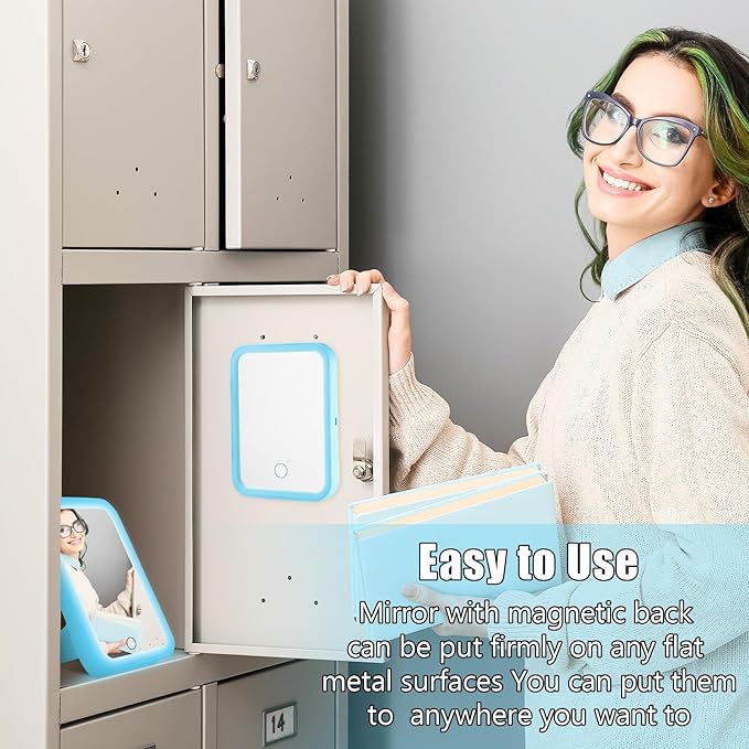 Sintuff 2 Pcs Light Up Locker Mirror Accessories Rectangular Magnetic Mirror for Locker, Bathroom, Household Refrigerator, Workshop Toolbox or Cabinet(Blue)