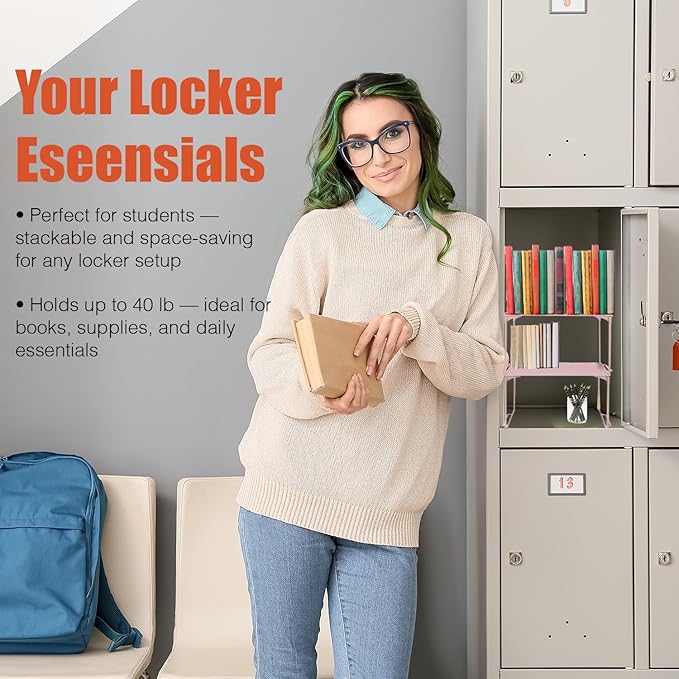Locker Organizer Shelf, Stackable, Extra Tall, Fits Standard Size School Lockers (Pink)